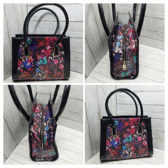 Bebe Black Multi-Floral Print Med/Lrg 2Handle Zip Pockets Square Satchel Handbag - Picture 2 of 8